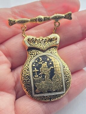 Vintage Damascene Brooch Woman Dancing Under the Moon